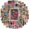 A collage of colorful artistic stickers featuring stylized faces and abstract designs.