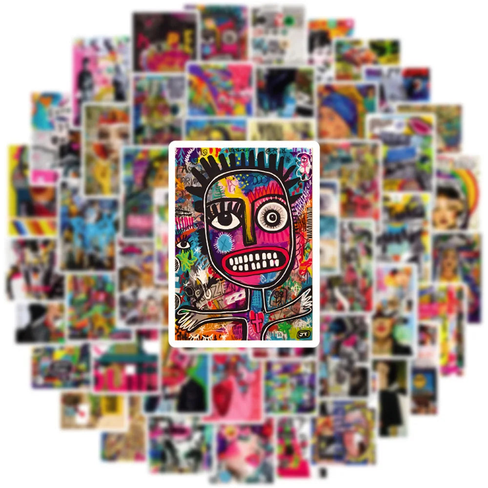 A collage of colorful artistic stickers featuring stylized faces and abstract designs.