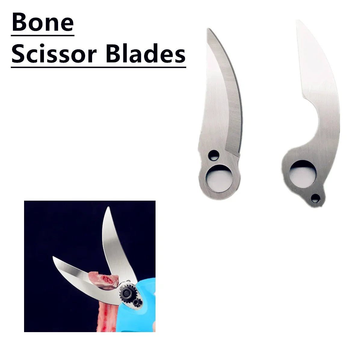 Two stainless steel bone scissor blades shown, one full view and one showing the handle detail.