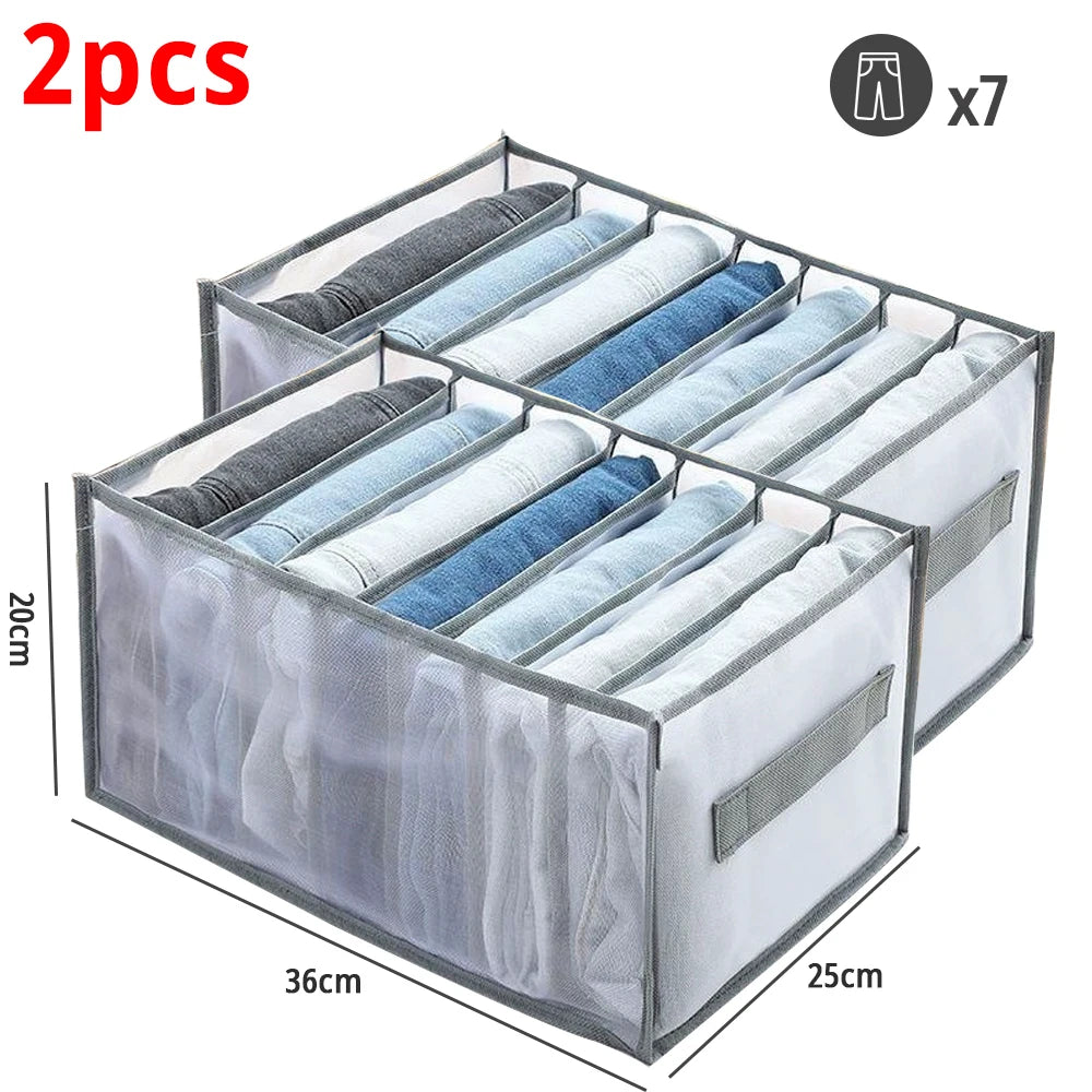 Two foldable fabric closet organizers with handles shown in a box, featuring gray and blue clothing items.