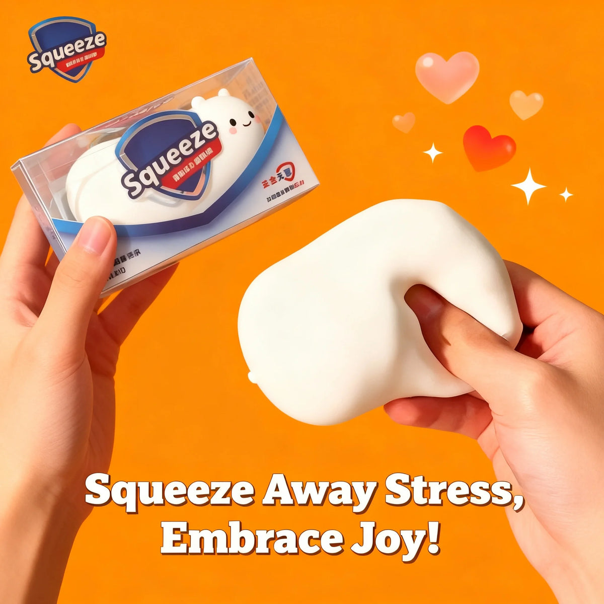 Hands hold a white squishy soap fidget toy packaged in a box against an orange background.