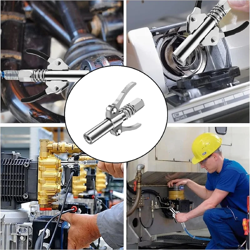 A close-up view of a heavy-duty grease gun coupler and related components used for lubrication.