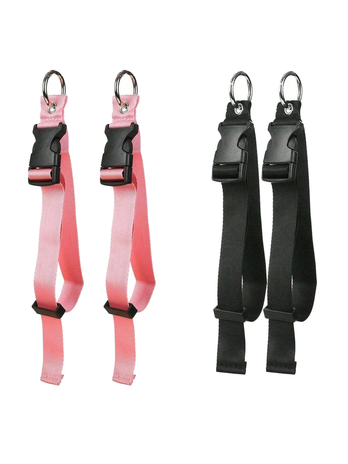 Two pink durable polyester luggage straps with black buckles and metal rings