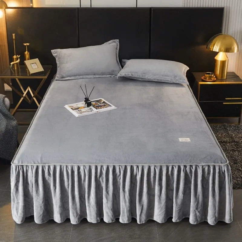 Cozy Milk Velvet Bed Skirt with Non-Slip Embroidered Trim