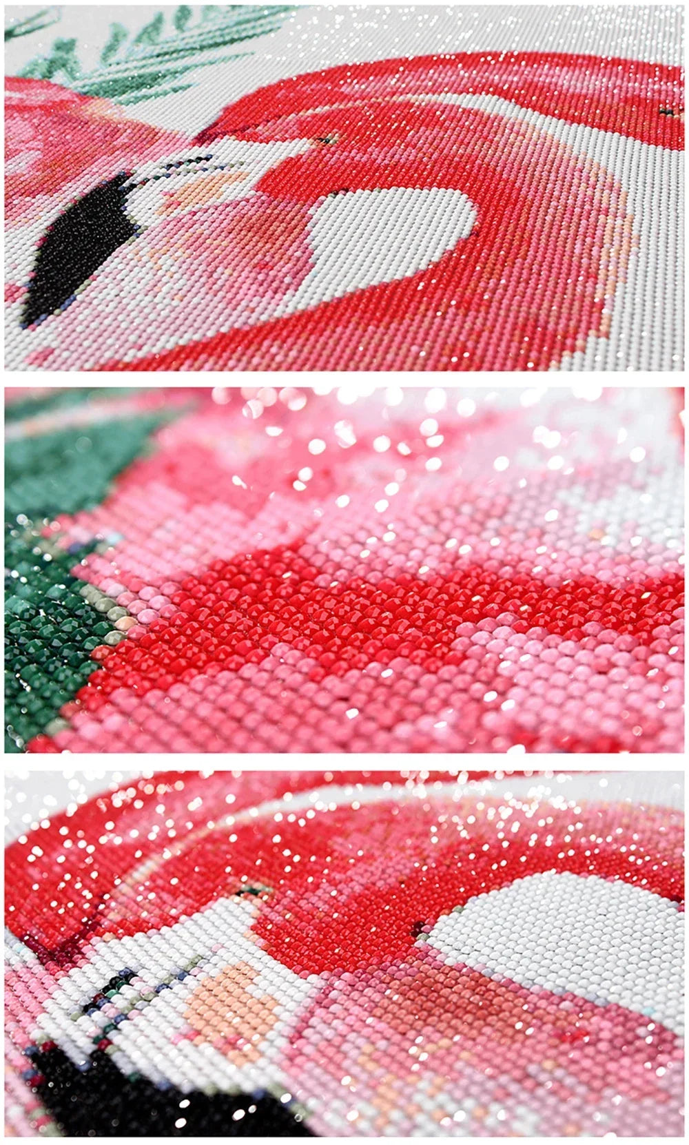 A close-up of a diamond painting featuring a pink and red flamingo with white accents on a white background.