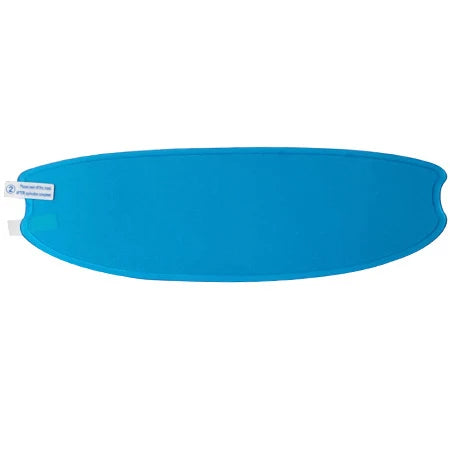 A blue anti-fog and rain shield film for a motorcycle helmet.