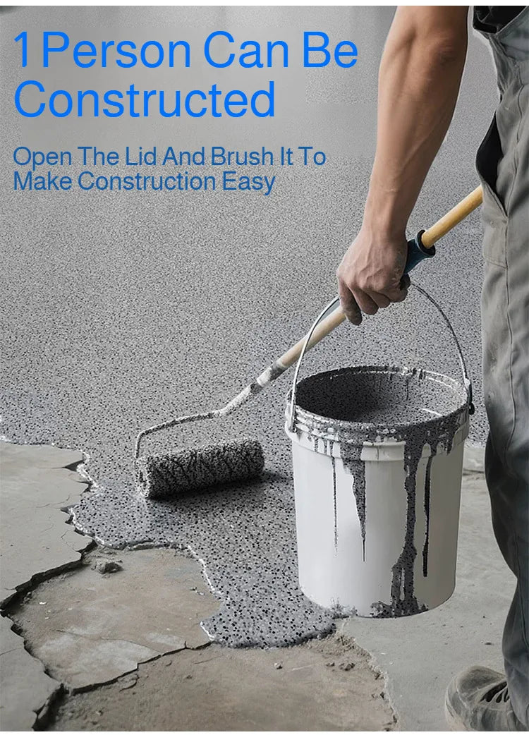 A person is using a brush and a lid to apply an epoxy floor coating mixture onto a concrete surface.