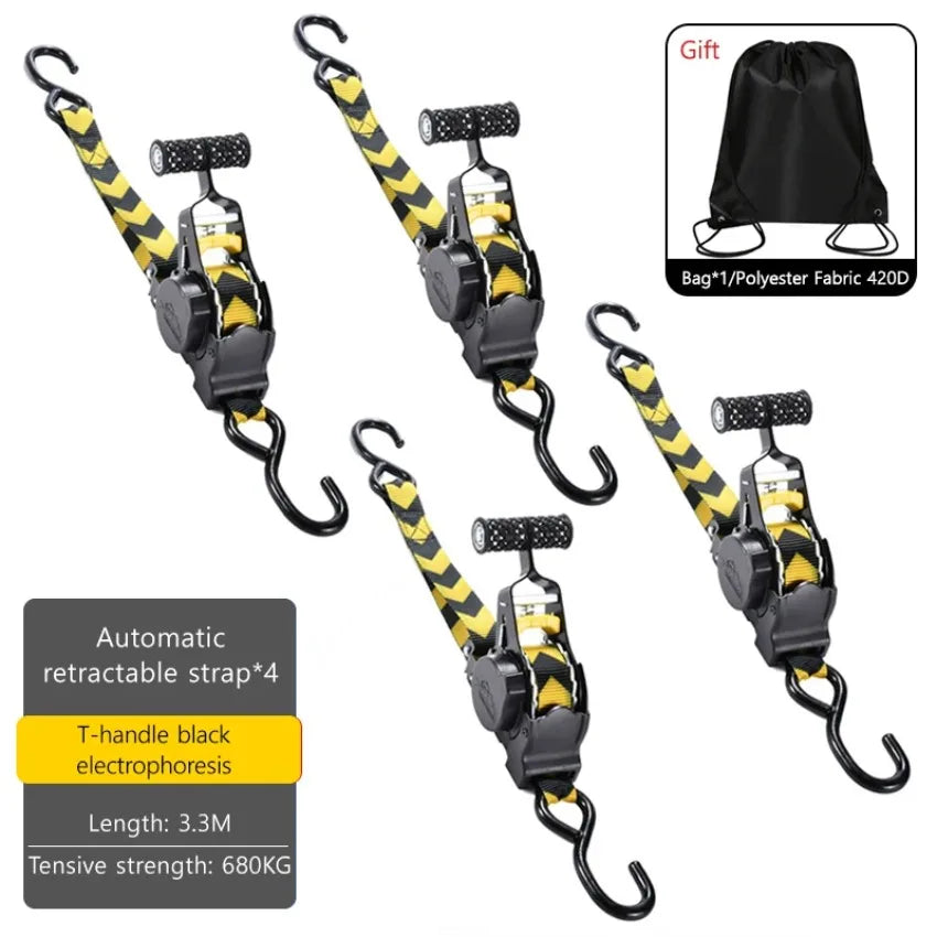 Black and yellow heavy duty retractable ratchet straps with T-handles for electrophoresis