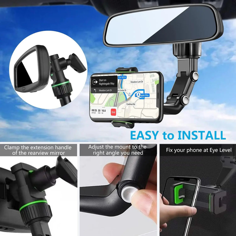 Rearview Mirror Phone Mount - 360° Rotatable & Retractable