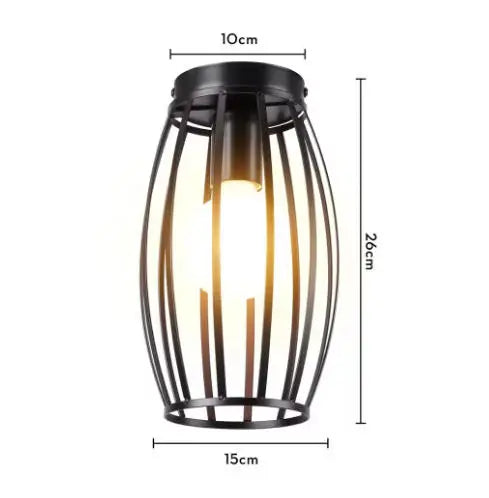A black metal frame ceiling lamp with a single light bulb, shown in a vertical view.