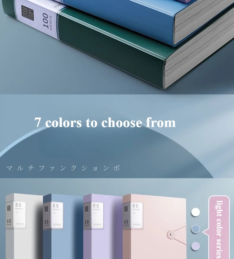 A4 expanding file organizer with clear pocket dividers shown in various colors.
