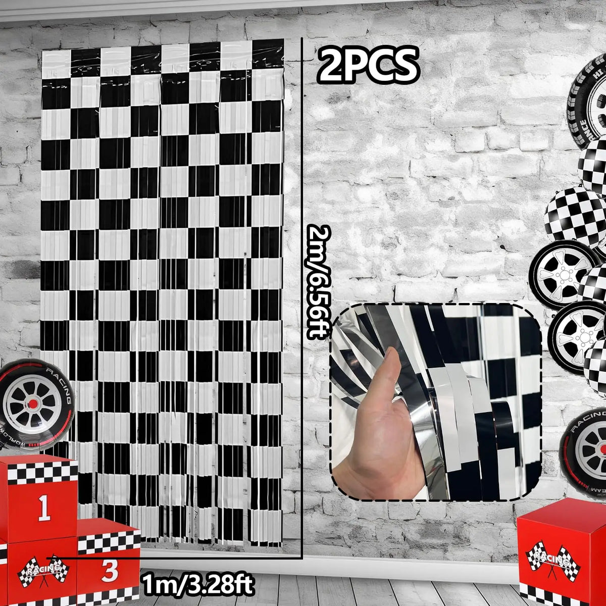Black & White Checkered Foil Fringe Curtains for Racing Party Decor