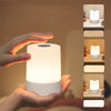A hand holds a white LED table lamp with a warm glow, illuminating a small potted plant.