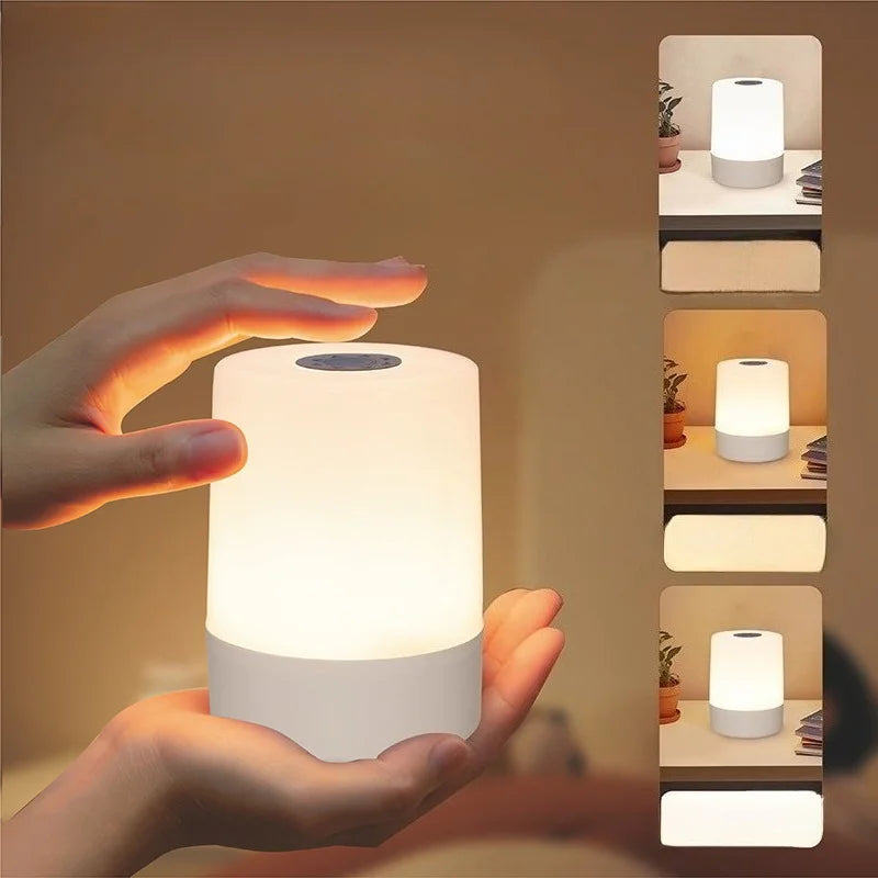 A hand holds a white LED table lamp with a warm glow, illuminating a small potted plant.