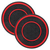 A set of two black and red non-slip silicone car cup holder coasters with a honeycomb pattern.