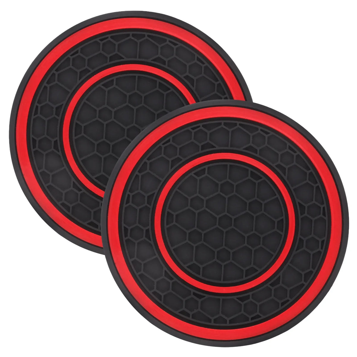 A set of two black and red non-slip silicone car cup holder coasters with a honeycomb pattern.