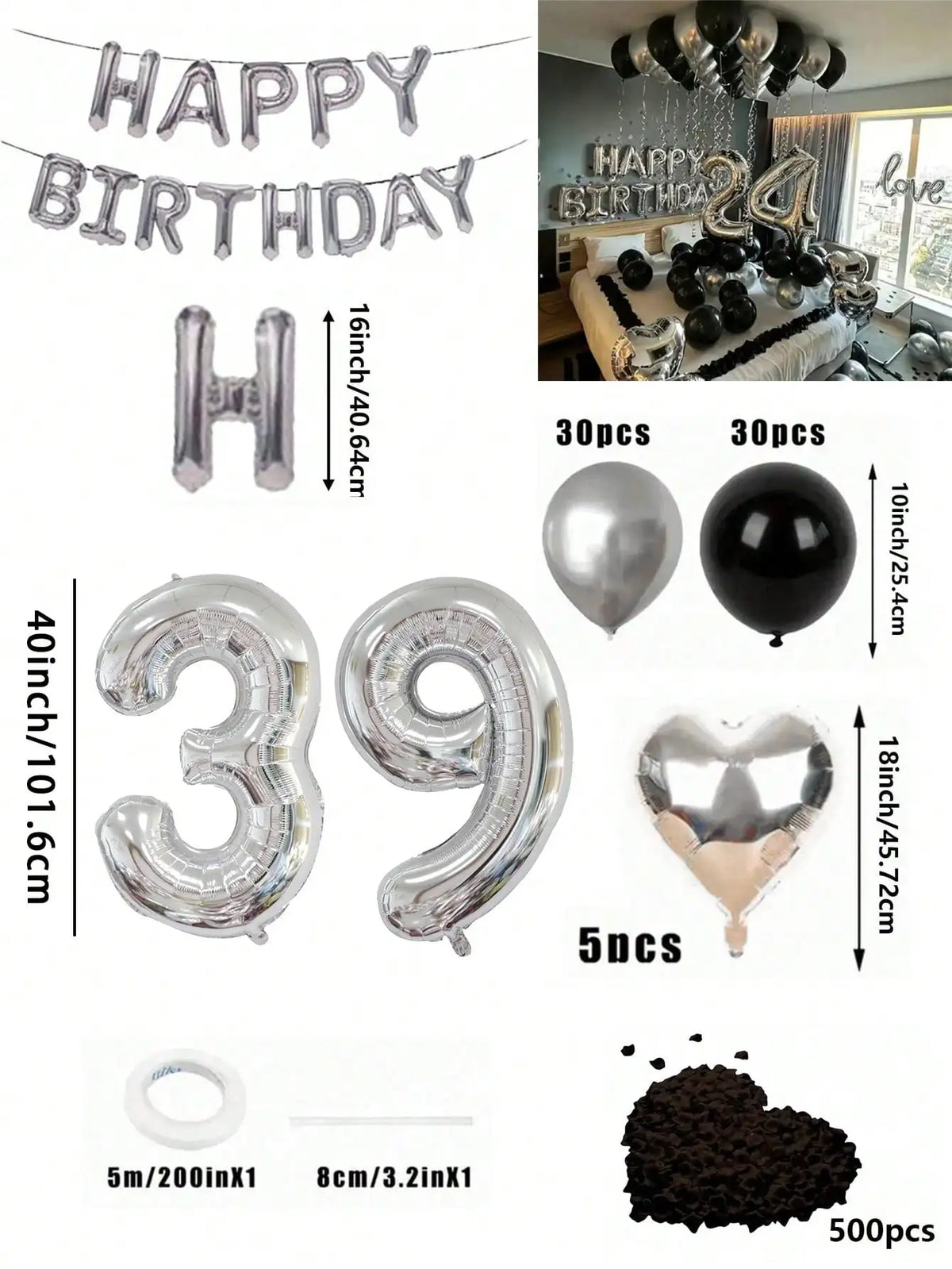 A kit for a balloon garland featuring silver and black foil numbers, including large numbers and heart shapes.