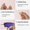 Three panels show a flexible clasp, skin-friendly material, and a superfine needle used for clothing repairs.