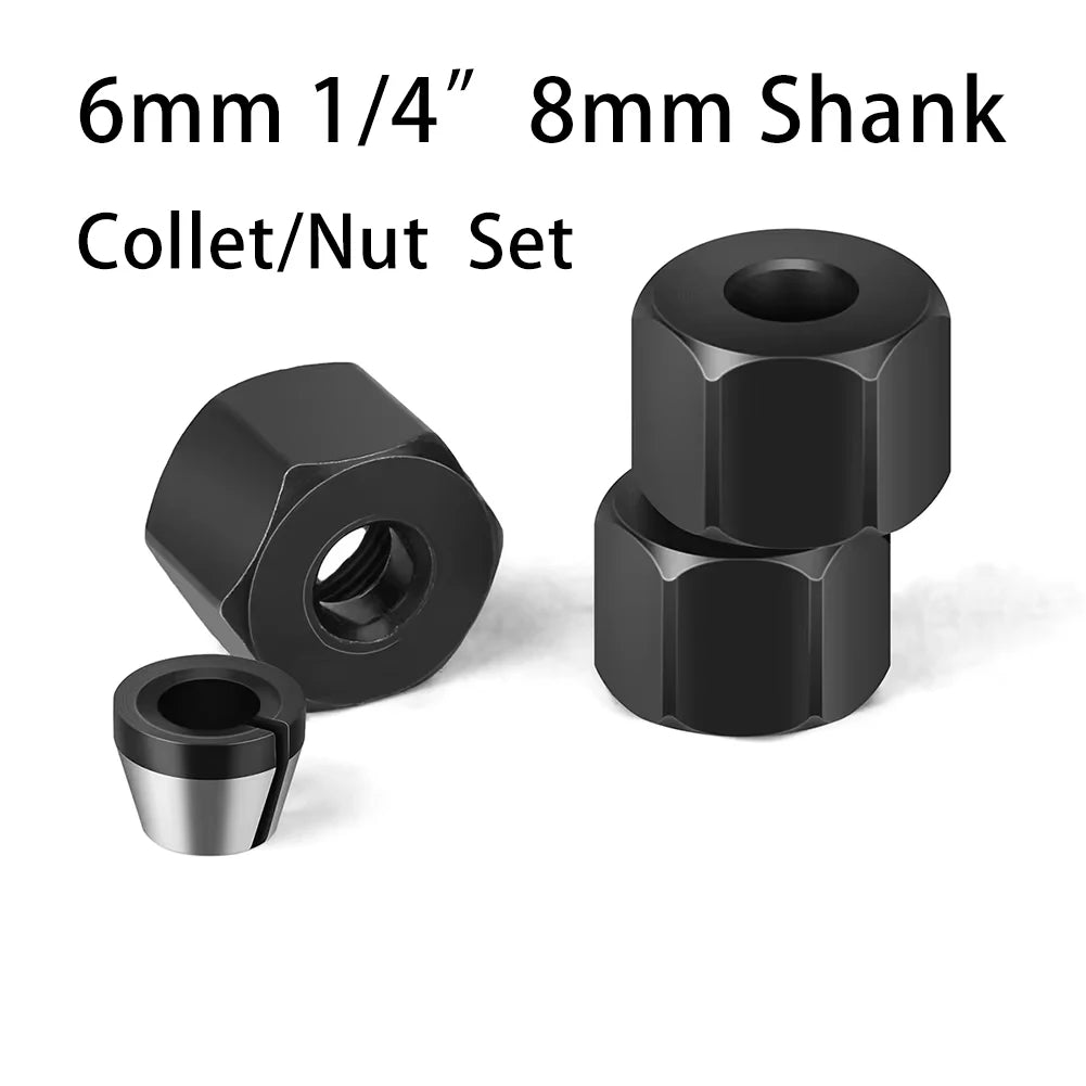 Set aus 6mm und 8mm Schaftkolletten und Muttern für einen Präzisionsrouter.