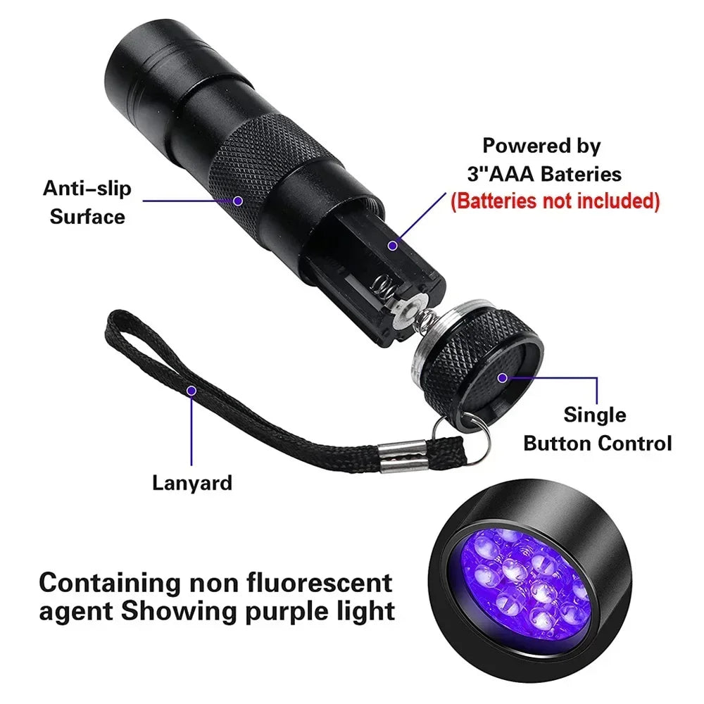 Black portable UV flashlight with a lanyard and single button control for pet stain detection