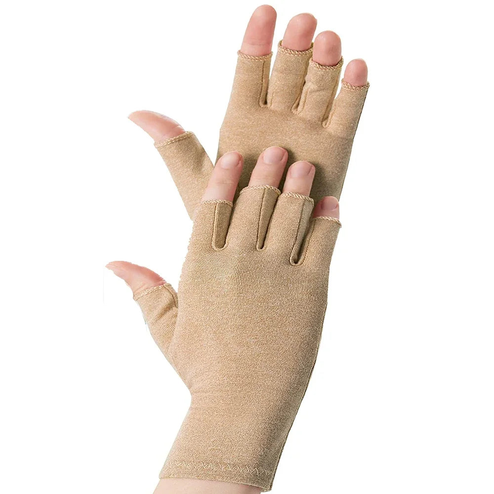 Tan fingerless compression gloves worn on a hand, showing the fit and texture.