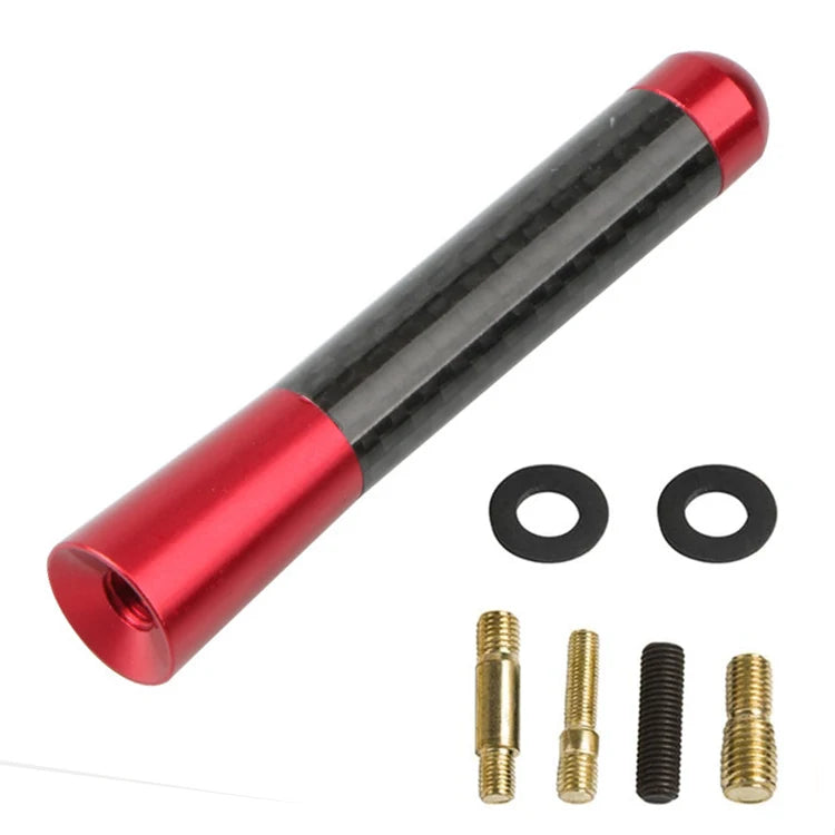 A carbon fiber short radio antenna with red and black components and mounting screws.