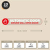 A set of ten automatic door driver warning decals showing UV protection, dust proofing, removability, and waterproof features