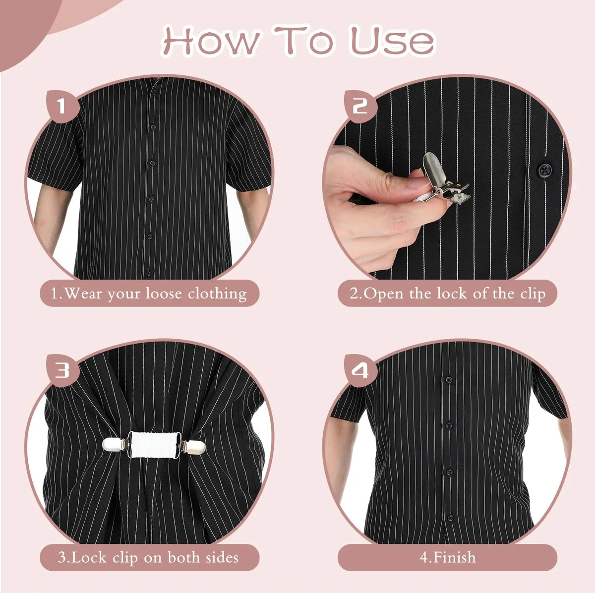 Instructions showing how to use adjustable back cinch clips for tightening clothing.