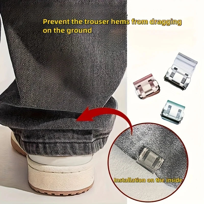 Invisible hem shortening clips installed on the inside of a trouser leg to prevent dragging on the ground.