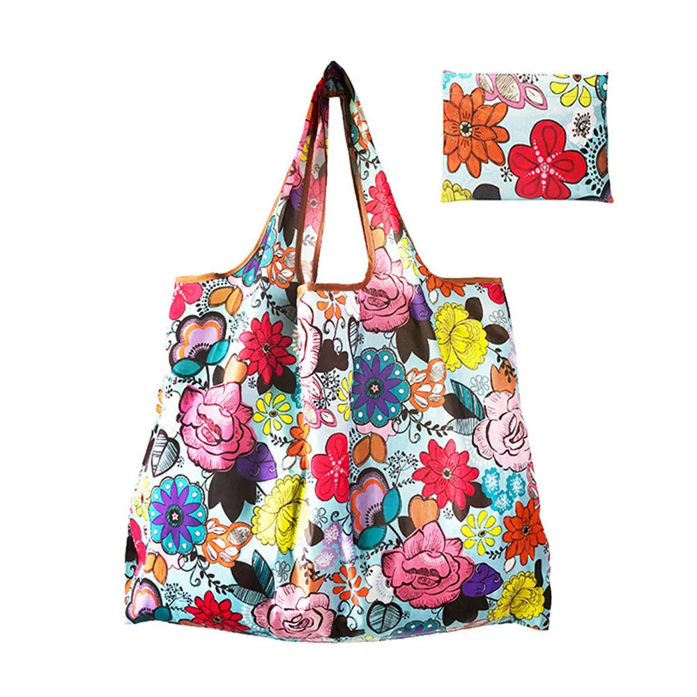Foldable Nylon Reusable Shopping Bag with Floral Print