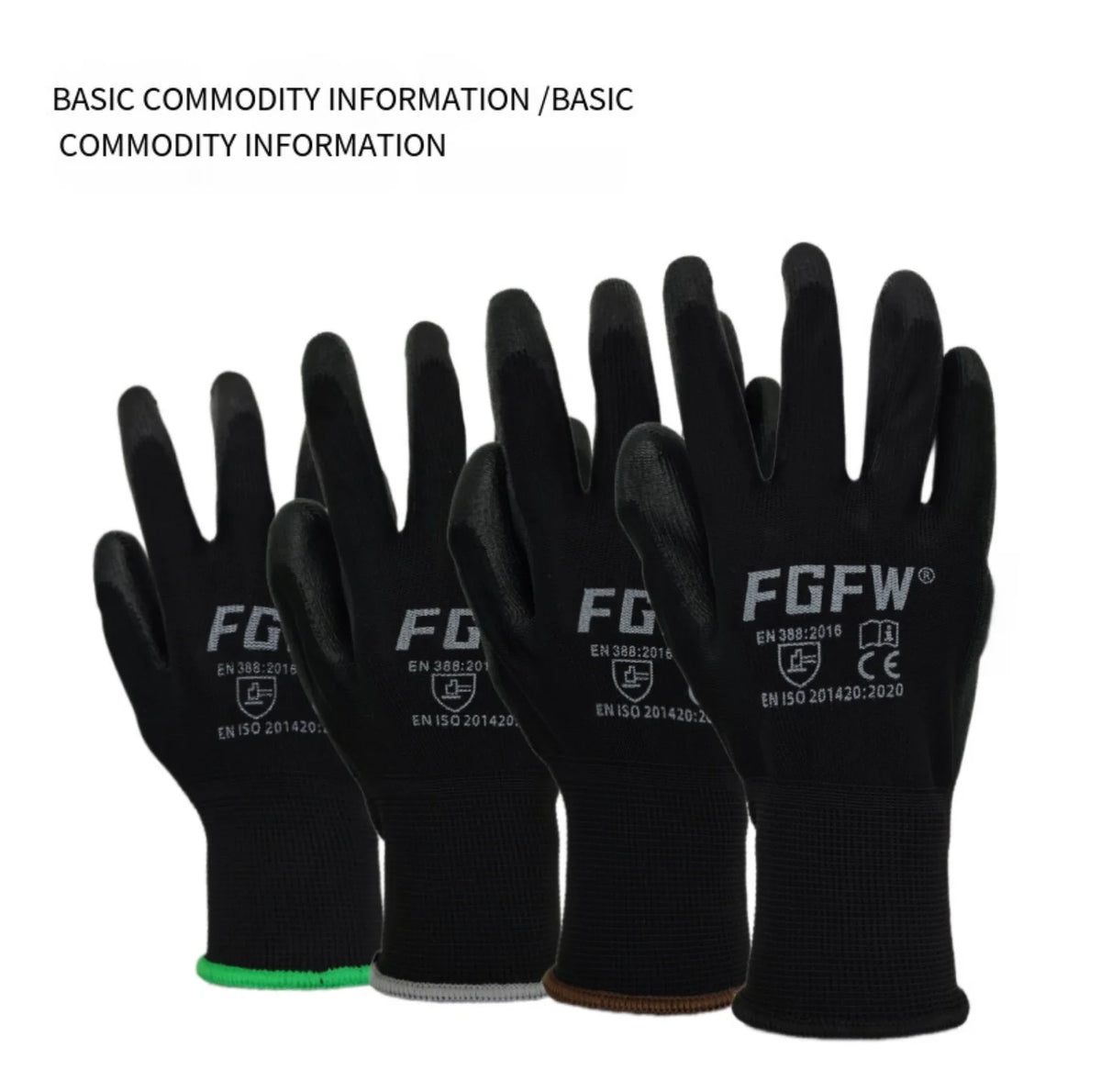 A set of black breathable PU-coated work gloves with reinforced grip shown in a row.