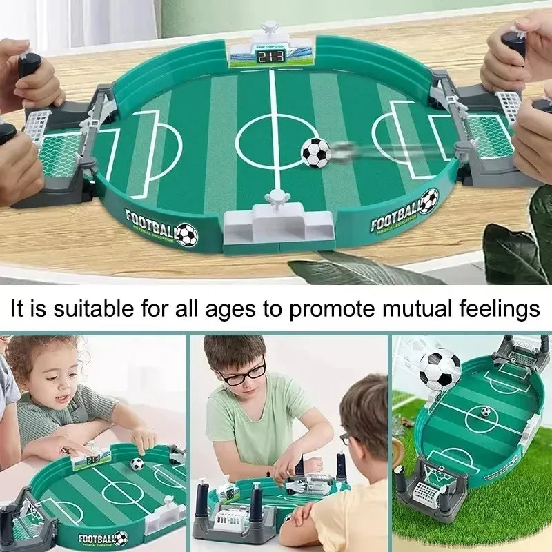 A green tabletop soccer game is shown being played by a child, with other versions and accessories visible.