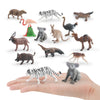 A hand holds a collection of realistic animal figurines including a zebra, leopard, giraffe, and various farm animals.