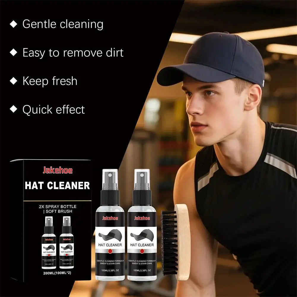 A man is shown wearing a dark cap while a box of Jakehoe hat cleaner and a brush are displayed.