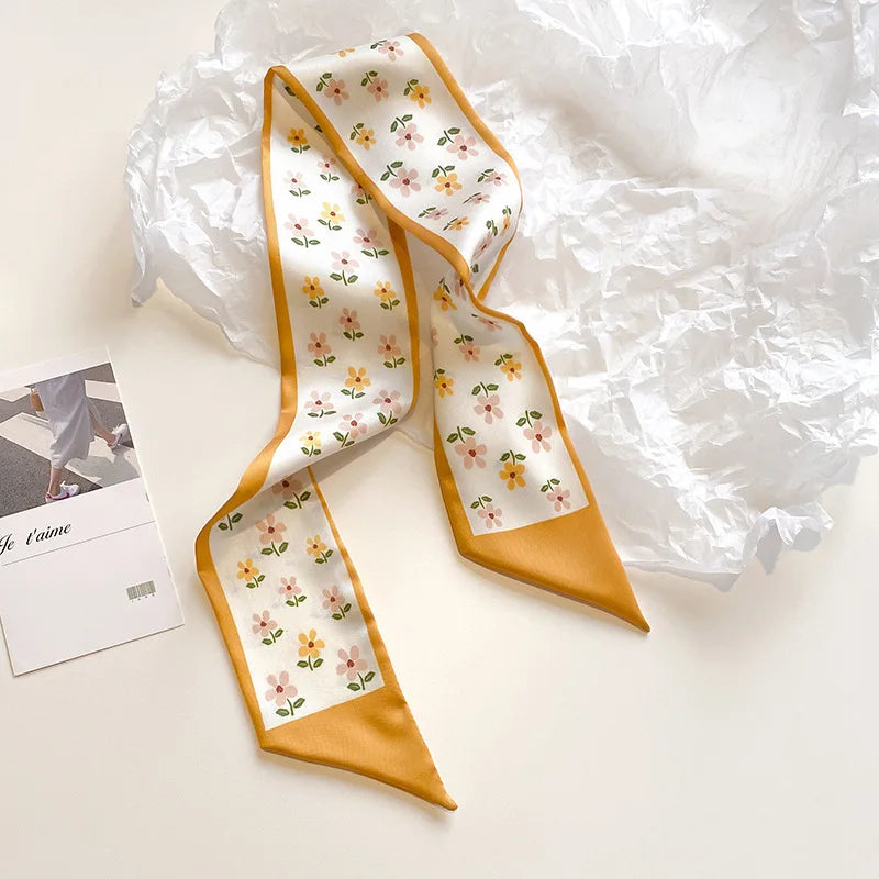 Floral Print Silk Hair Scarf for Women – Long Ribbon Headband