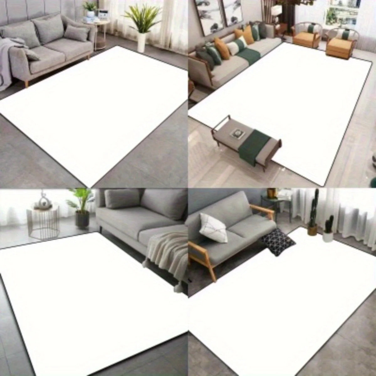 A collection of floor mats in various floral prints and neutral tones shown in different room settings.