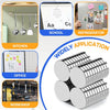 A collection of silver refrigerator magnets shown in various applications like kitchen, school, office, and workshop.