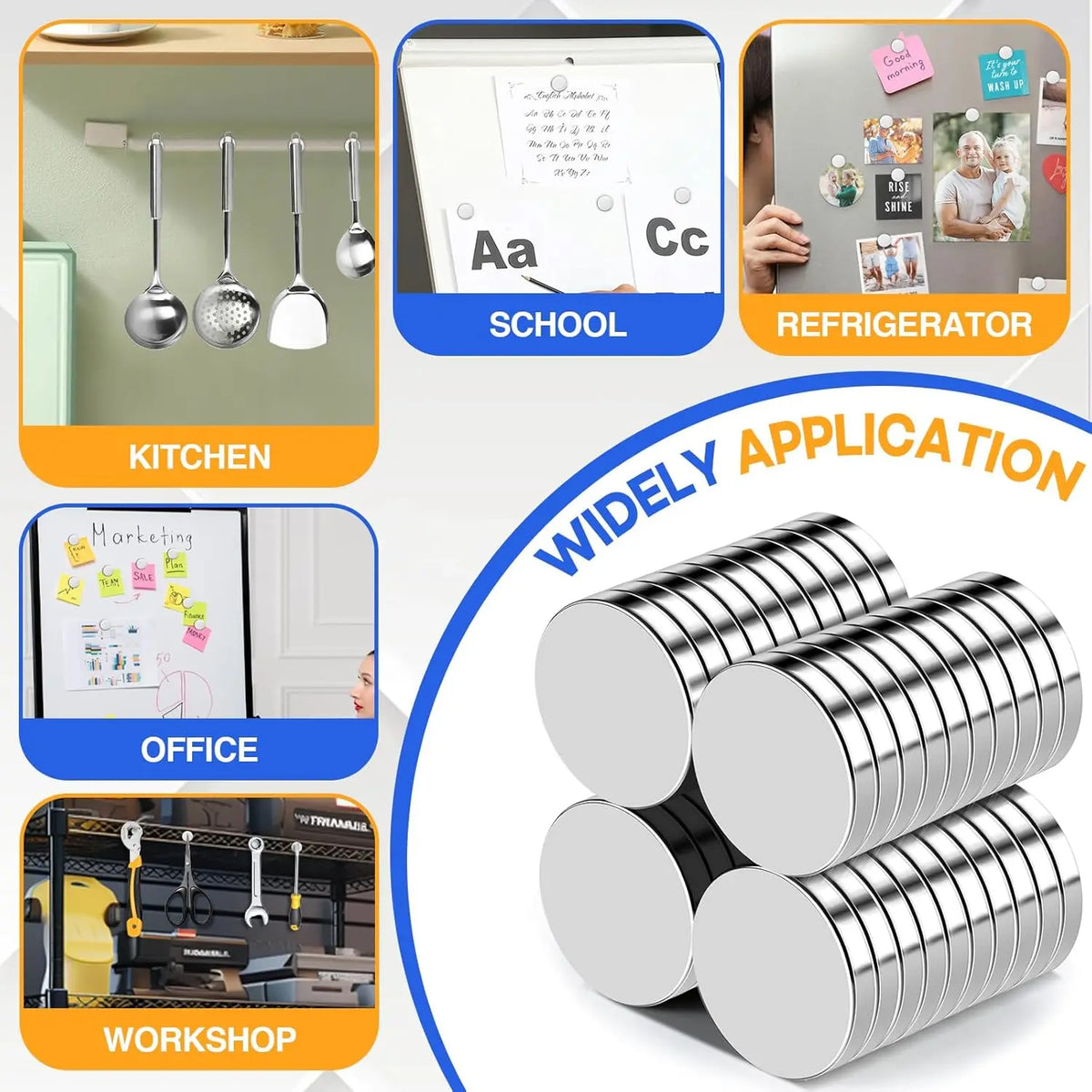 A collection of silver refrigerator magnets shown in various applications like kitchen, school, office, and workshop.