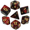 A set of seven polyhedral dice in various colors and angles used for role-playing games.
