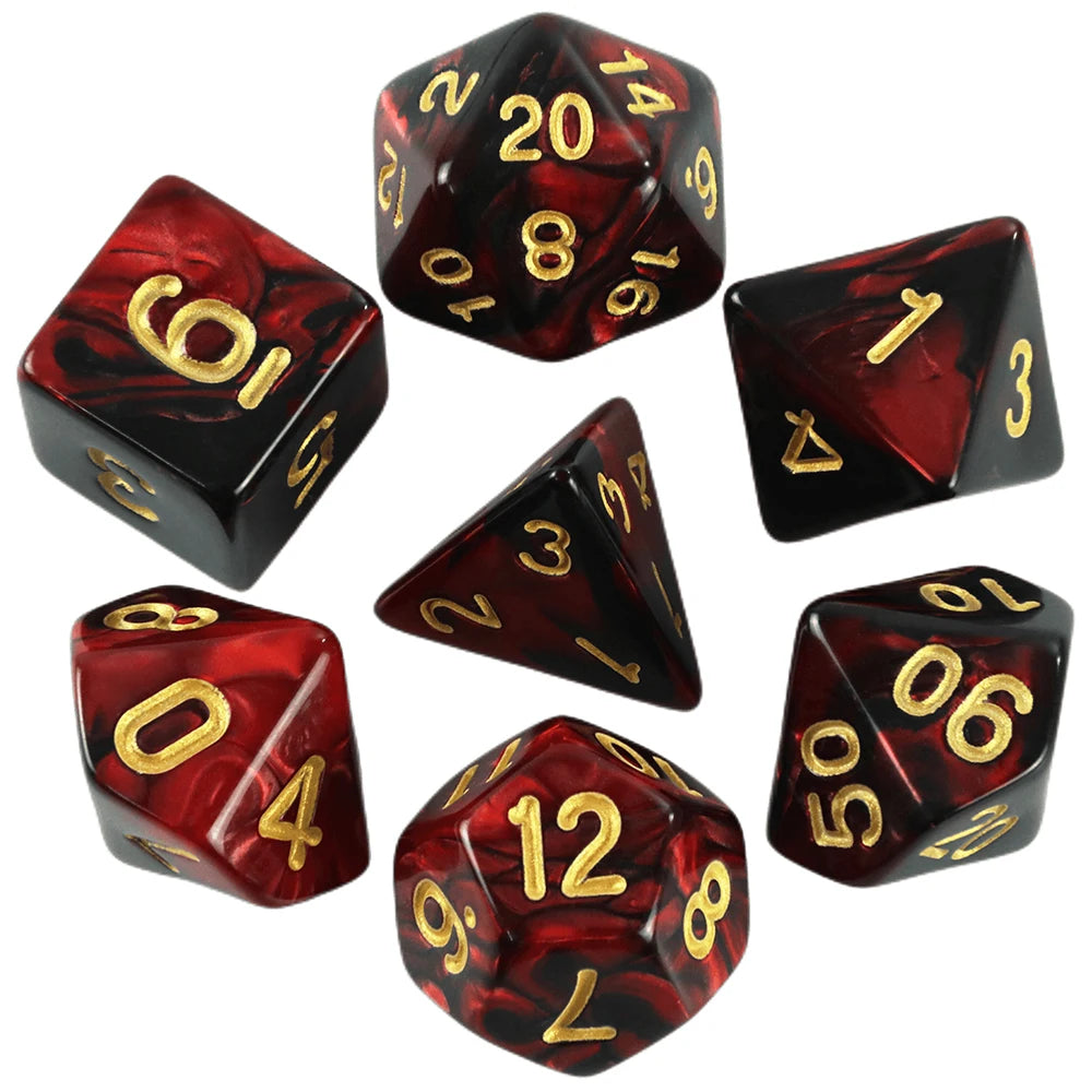 A set of seven polyhedral dice in various colors and angles used for role-playing games.