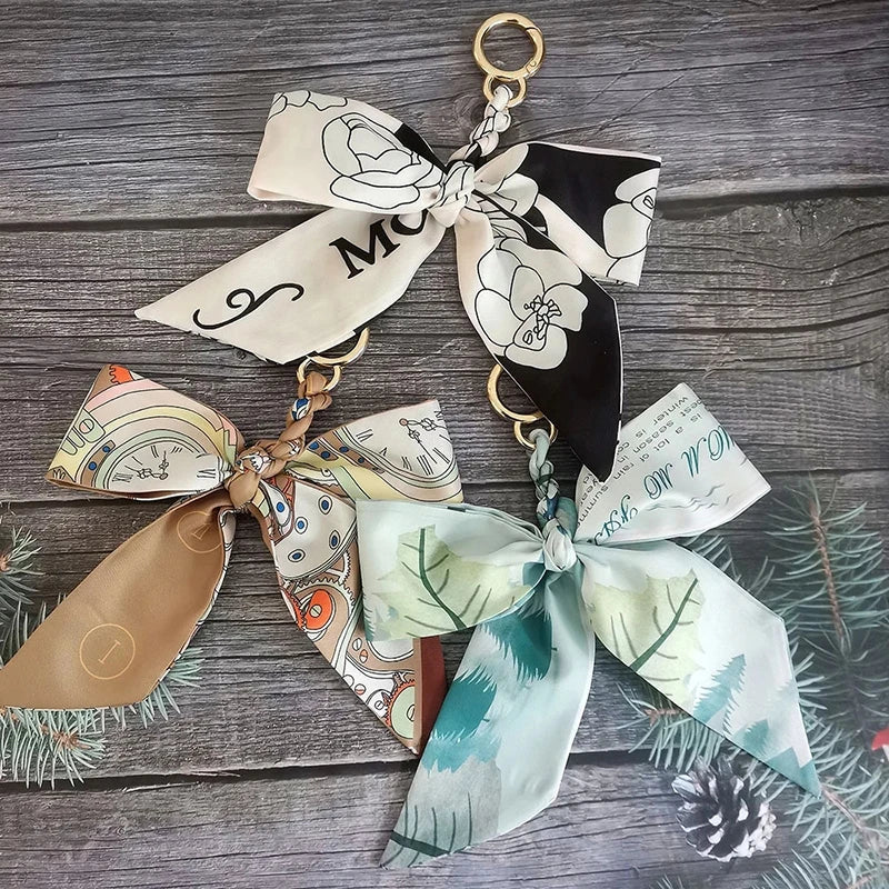 Chic Silk Bow Keychain with Ribbon Charm