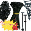 A bundle of black self-locking nylon cable ties with push clips and a set of plastic tie holders.
