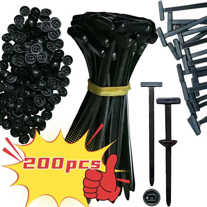A bundle of black self-locking nylon cable ties with push clips and a set of plastic tie holders.