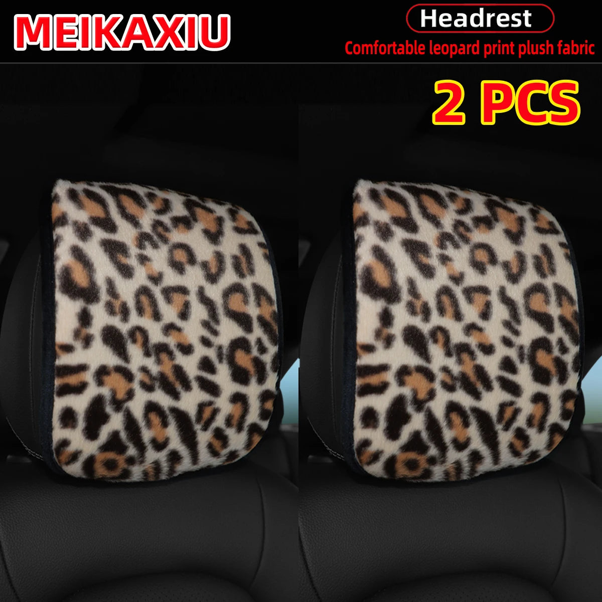 Leopard Print Plush Car Headrest Cover, Set of 2