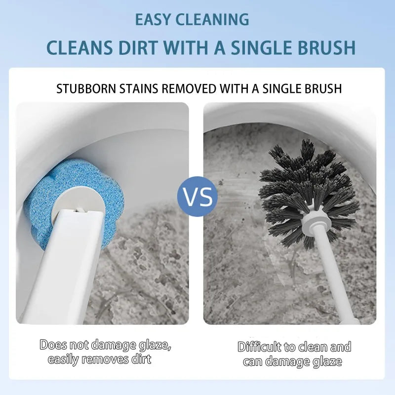 A disposable toilet brush set with a long handle and wall-mount holder is shown cleaning dirt from a surface.