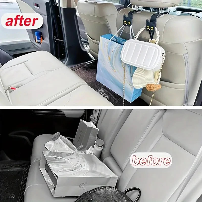 Before and after comparison showing the installation of cat headrest hooks in a car seat.