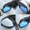 Close-up view of carbon fiber car side mirror rain and sun visors on a white vehicle.