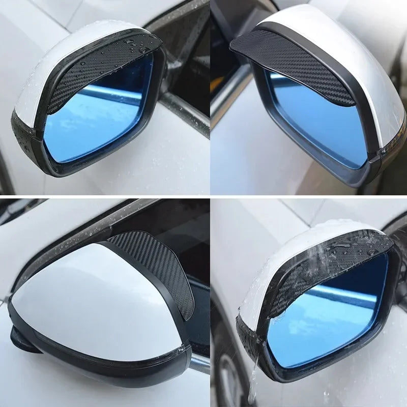 Close-up view of carbon fiber car side mirror rain and sun visors on a white vehicle.