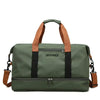 A olive green duffle bag with brown straps and black accents.