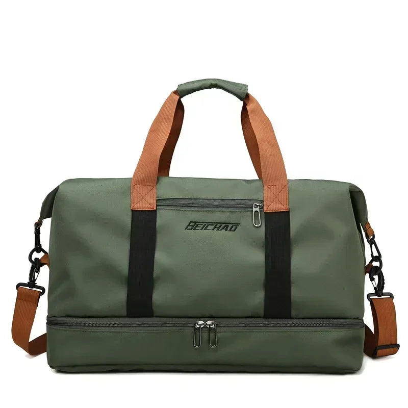 A olive green duffle bag with brown straps and black accents.